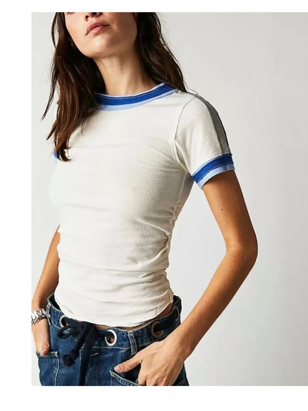 We The Free NWT Cream Tee with Blue Trim and Gray Shoulder Stripe